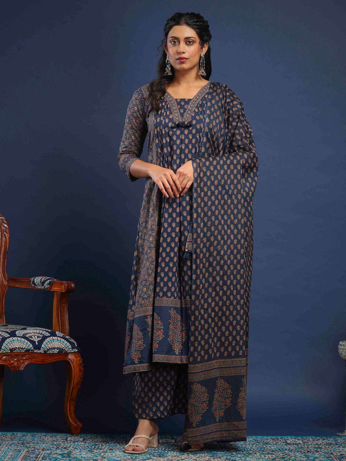 Blue Cotton Blend Printed Straight Suit Set
