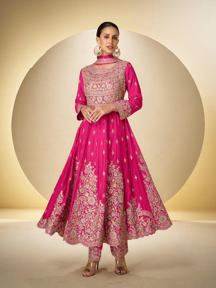 Embroidered Chinnon Kurta With Pant &amp; Dupatta