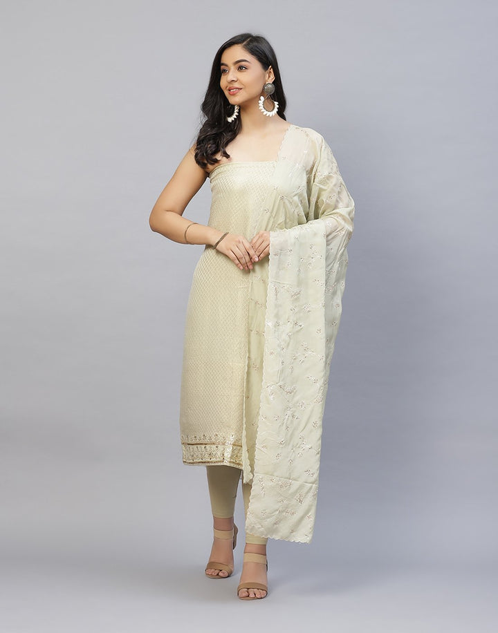 Printed Banarasi Suit Piece With Embroidered Organza Dupatta
