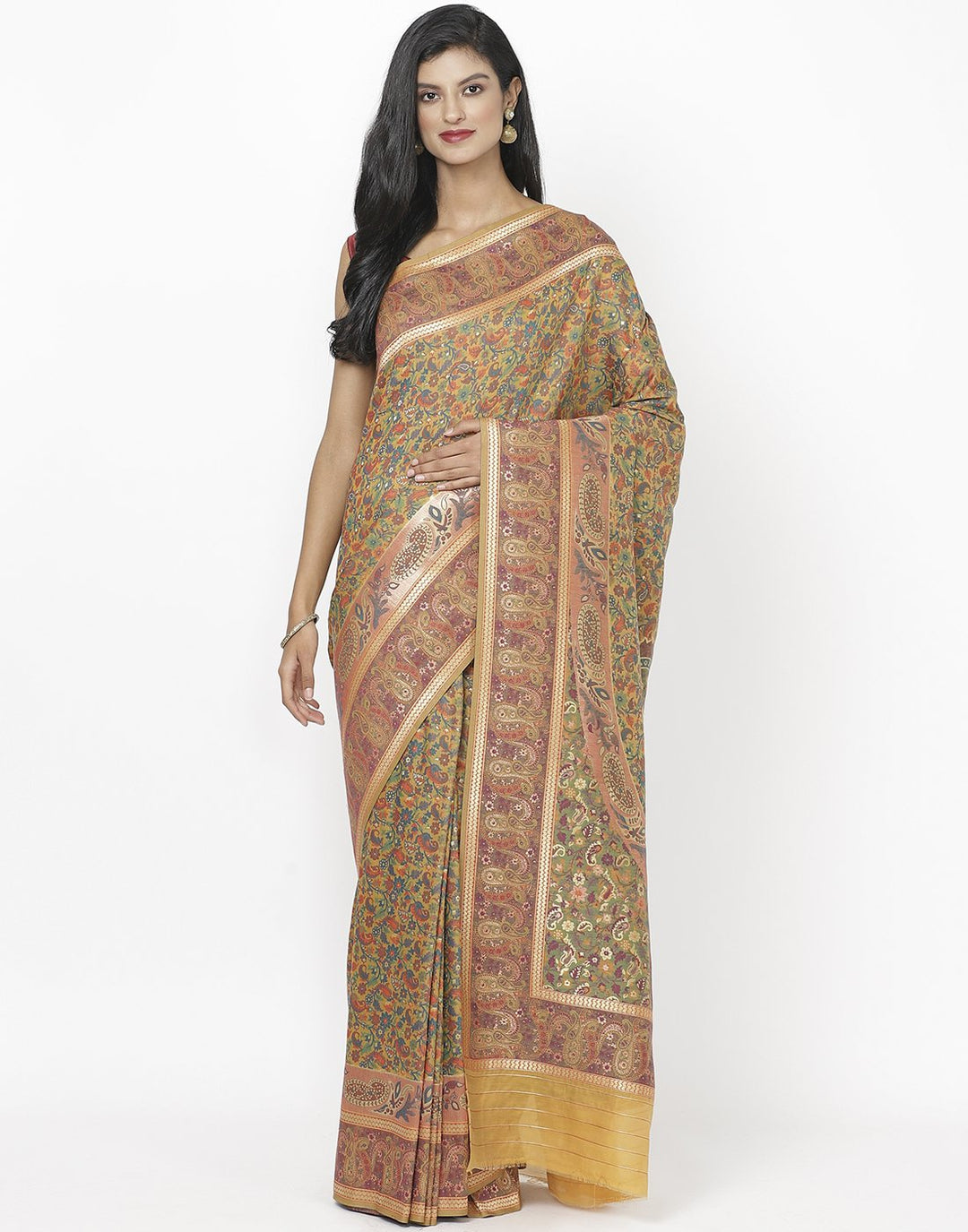 MBZ Meena Bazaar-Mustard Banarasi Art Handloom Saree