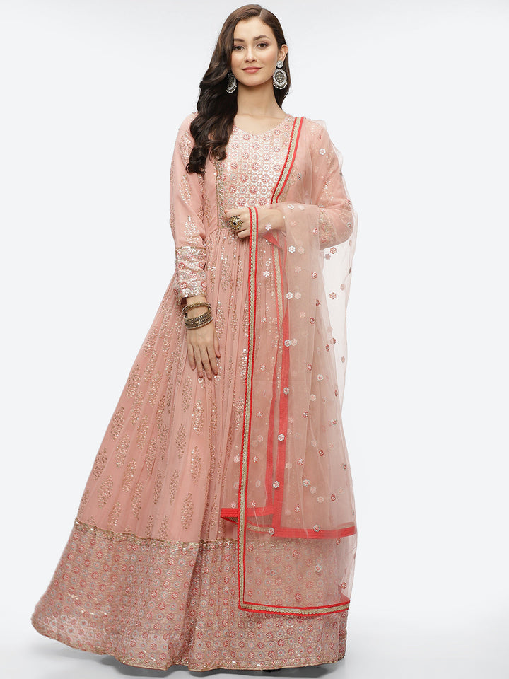 Resham Sequin Booti Georgette Anarkali Kurta With Churidar &amp; Dupatta