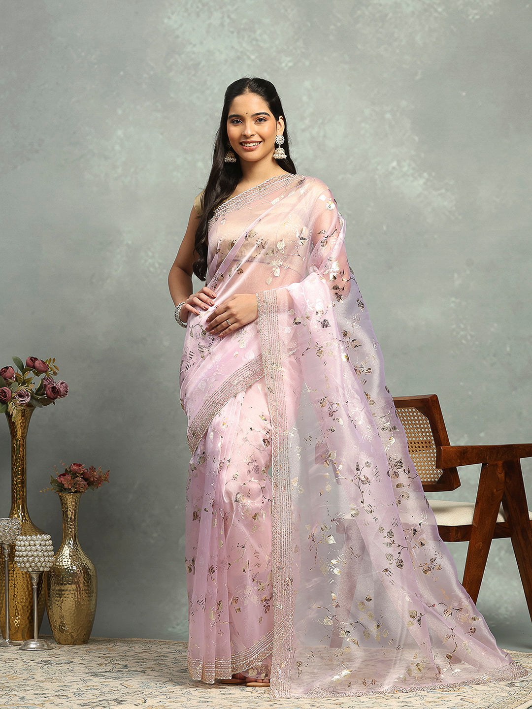 Foil Floral Printed Organza Saree