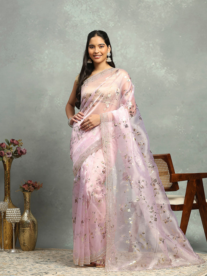 Foil Floral Printed Organza Saree