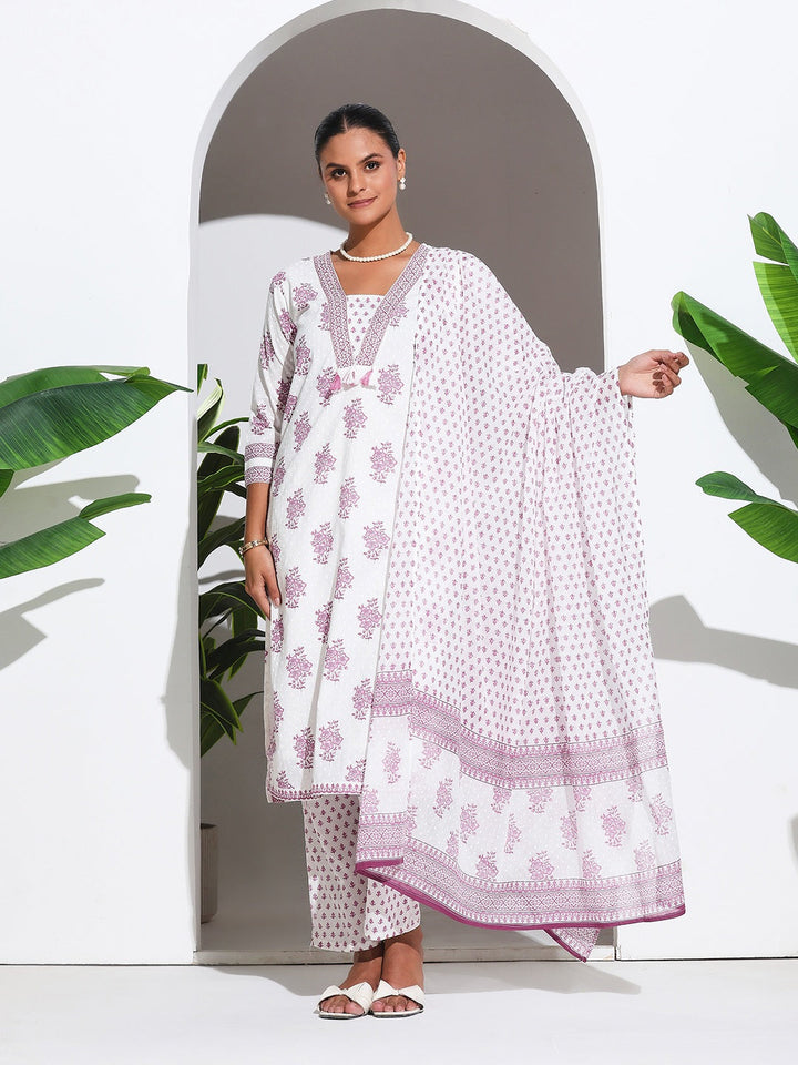 Printed Cotton Blend Kurta With Pant &amp; Dupatta