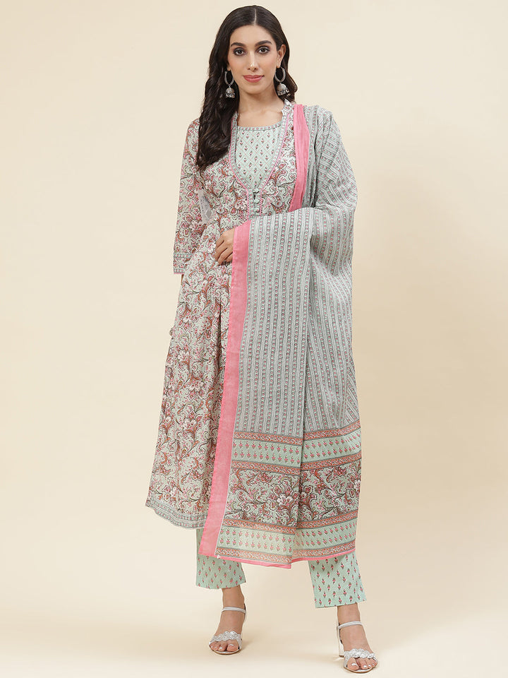 Floral Printed Cotton Kurta With Pants &amp; Dupatta