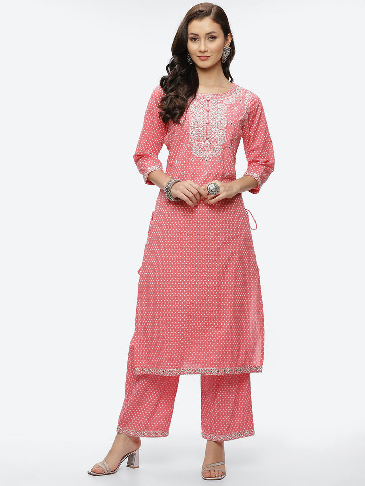 Mirror Neck Embroidered Cotton Kurta With Palazzo