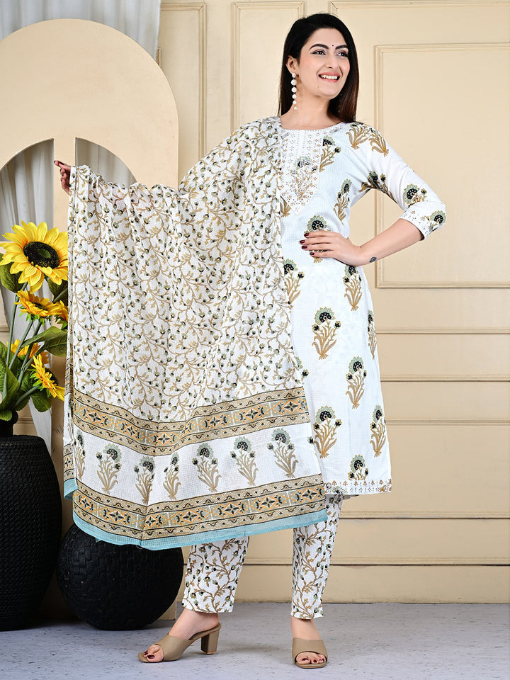 Printed Cotton Blend Kurta With Pants &amp; Dupatta