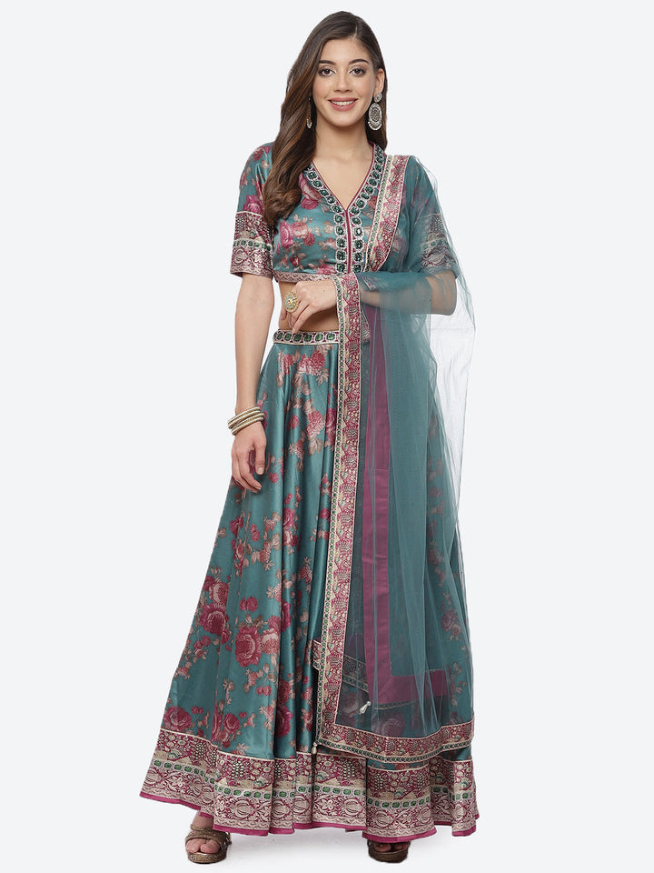Floral Printed Satin Choli With Lehenga &amp; Net Dupatta