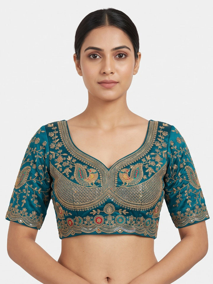 Premium Peacock-Blue Embroidery Viscose Blouse Piece