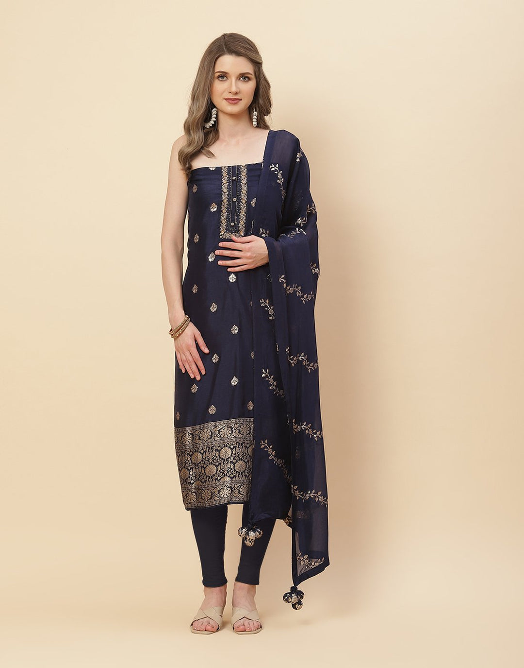 Embroidered Art Handloom Dupion Suit Piece with Chanderi Banarasi Dupatta