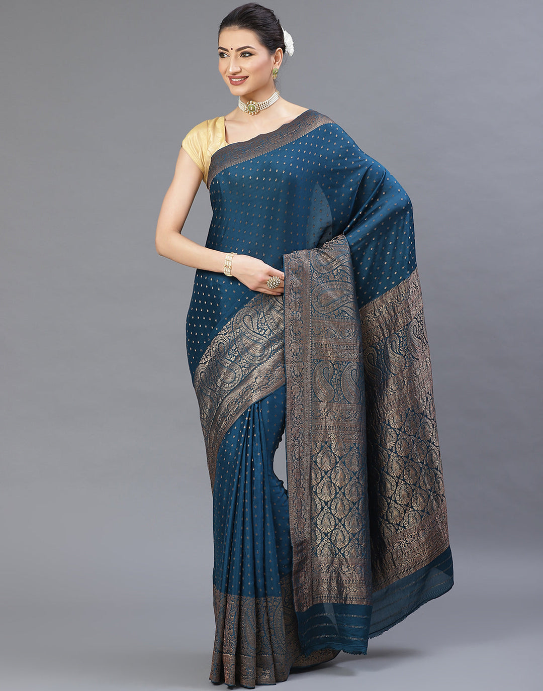 MBZ Meena Bazaar-Navy Blue Woven Crape Plain Saree