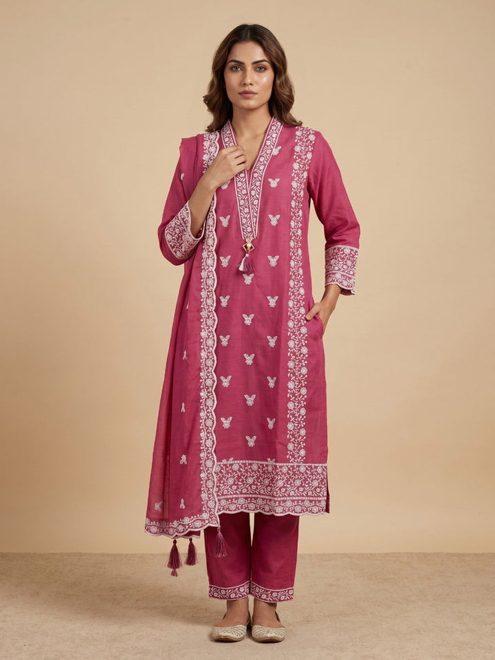 Rani Embroidered Cotton Blend Straight Round Neck Suit Set