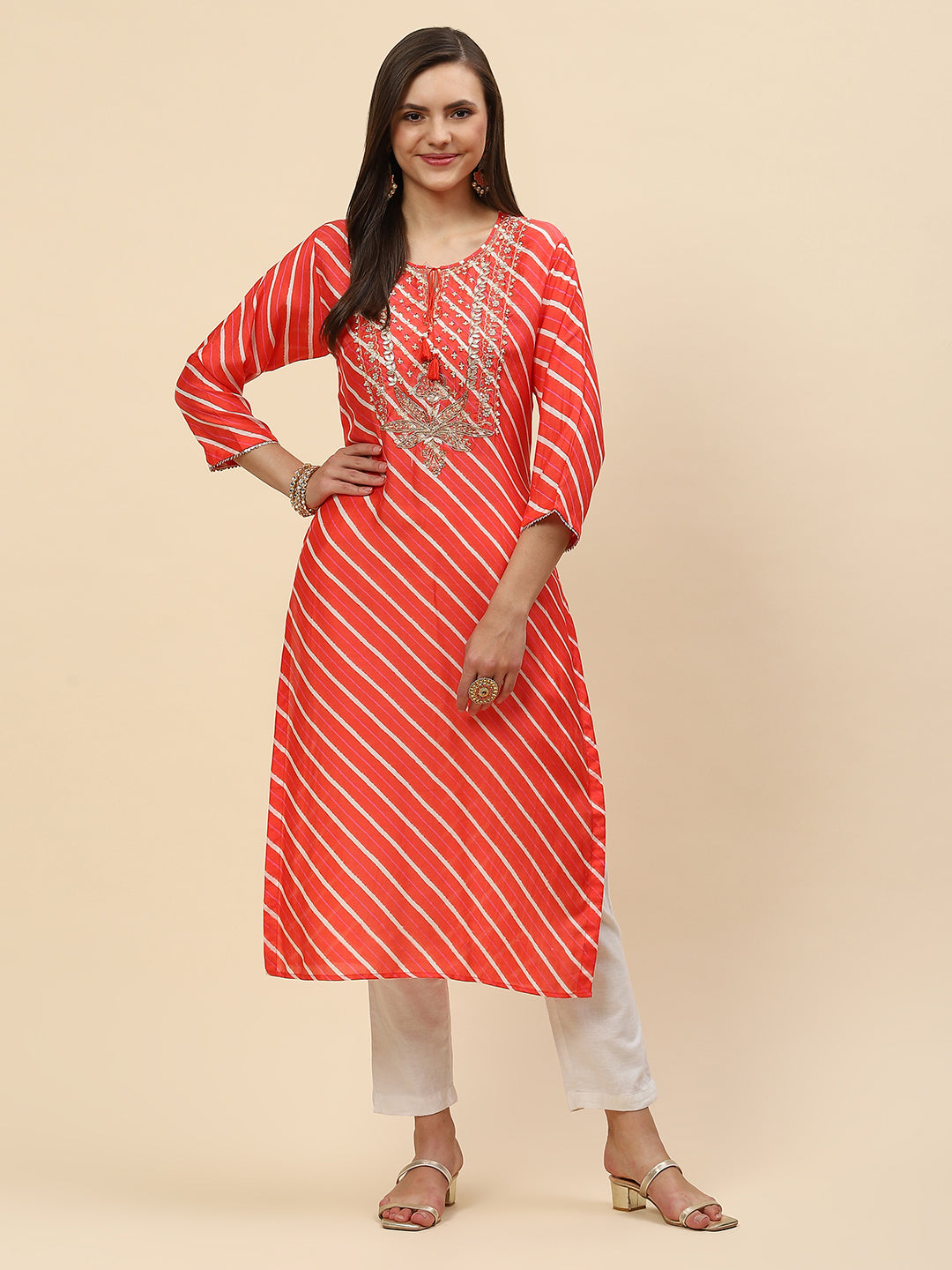 Neck Embroidered &amp; Printed Muslin Kurta