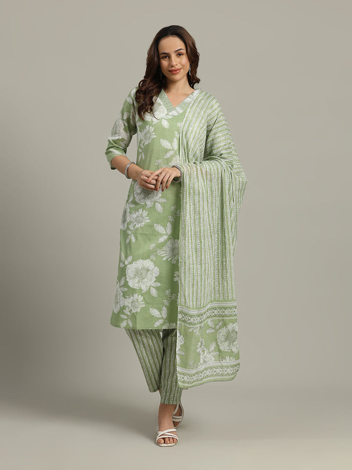 Floral Parinted Cotton Blend Kurta With Pants &amp; Dupatta