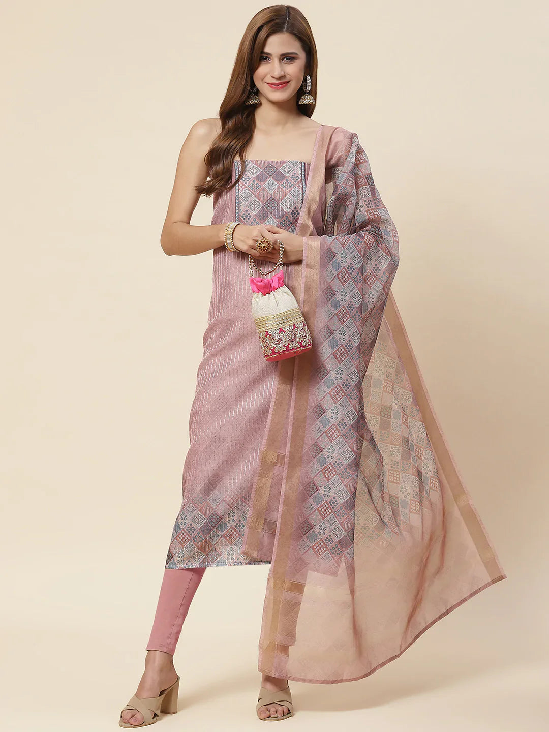 Neck Embroidered Chanderi Unstitched Suit Piece With Dupatta