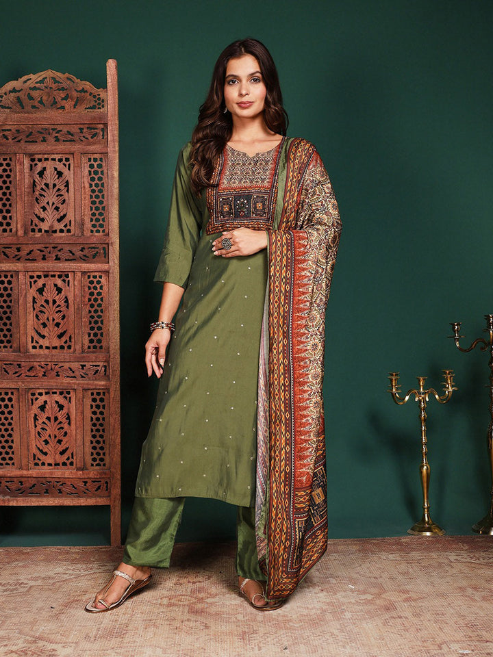 Floral Printed Cotton Blend Kurta With Pant &amp; Dupatta