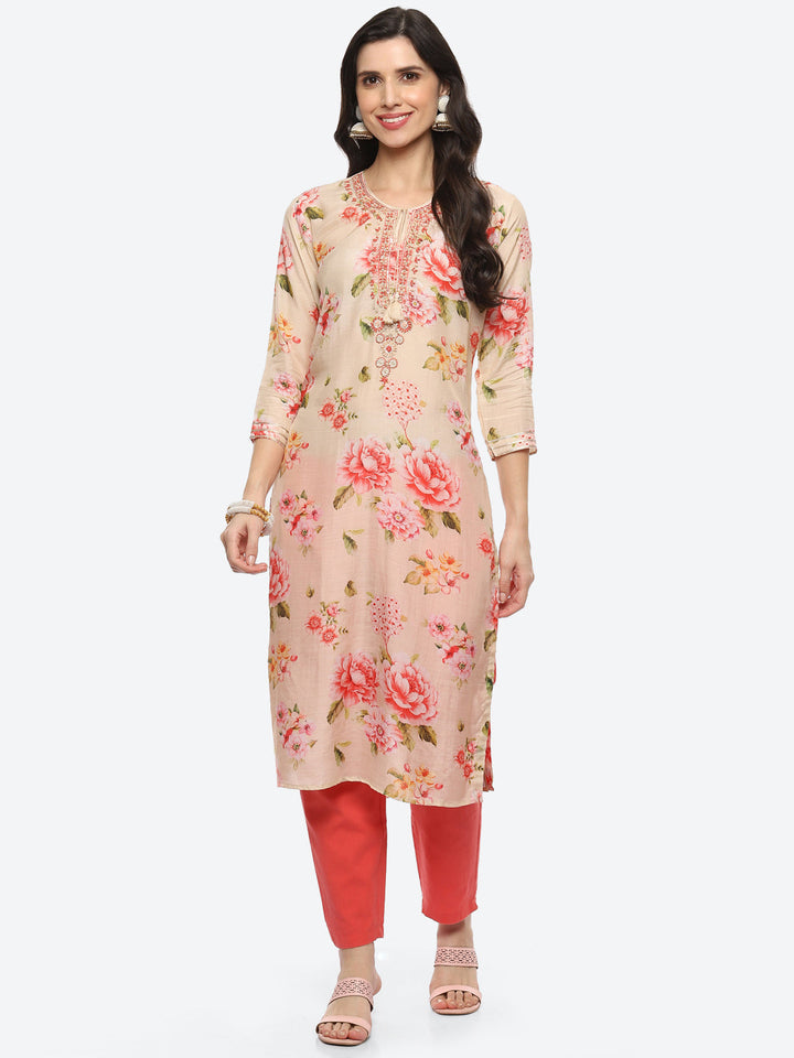 Sequin Work Yoke Printed Muslin Kurta