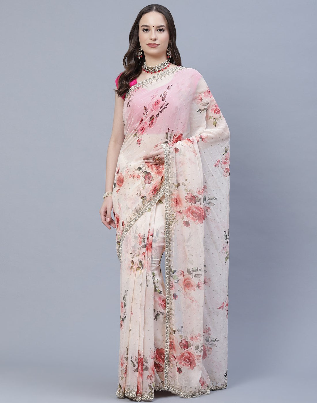 Digital Floral Printed Georgette Saree with Silver Zari Work  Border