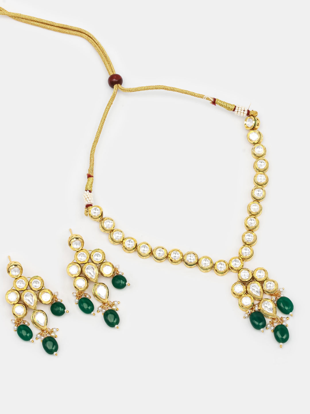 Golden &amp; Green Kundan Necklace Set With Earrings