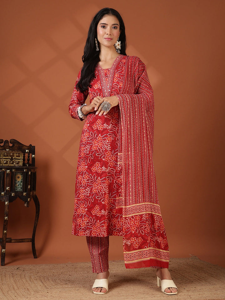 Printed Cotton Blend Kurta With Pant &amp; Dupatta
