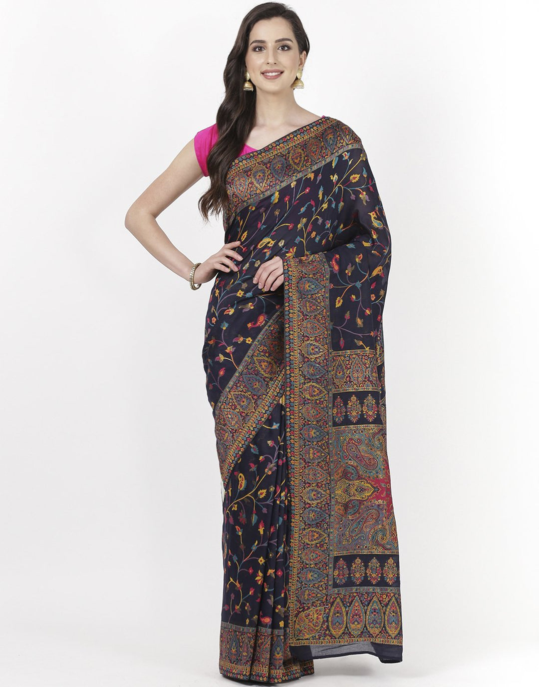 Navy Blue Woven Tussar Pashmina Saree