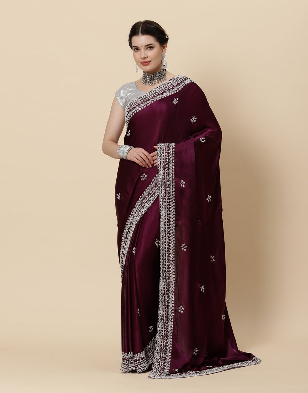 Embroidered Satin Saree