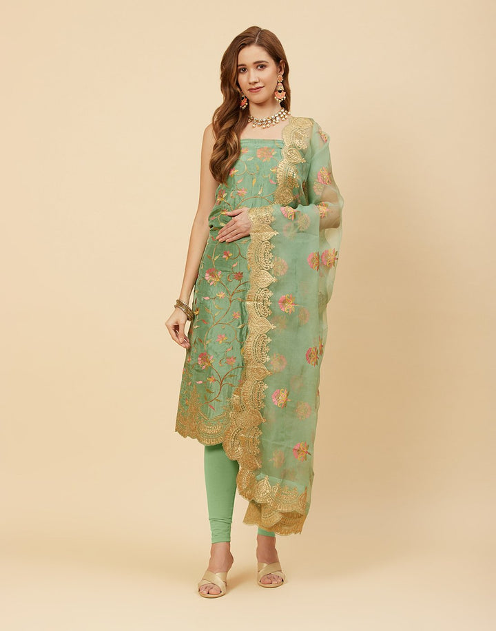 Embroidered Art Handloom Dupion Suit Piece With Organza Dupatta