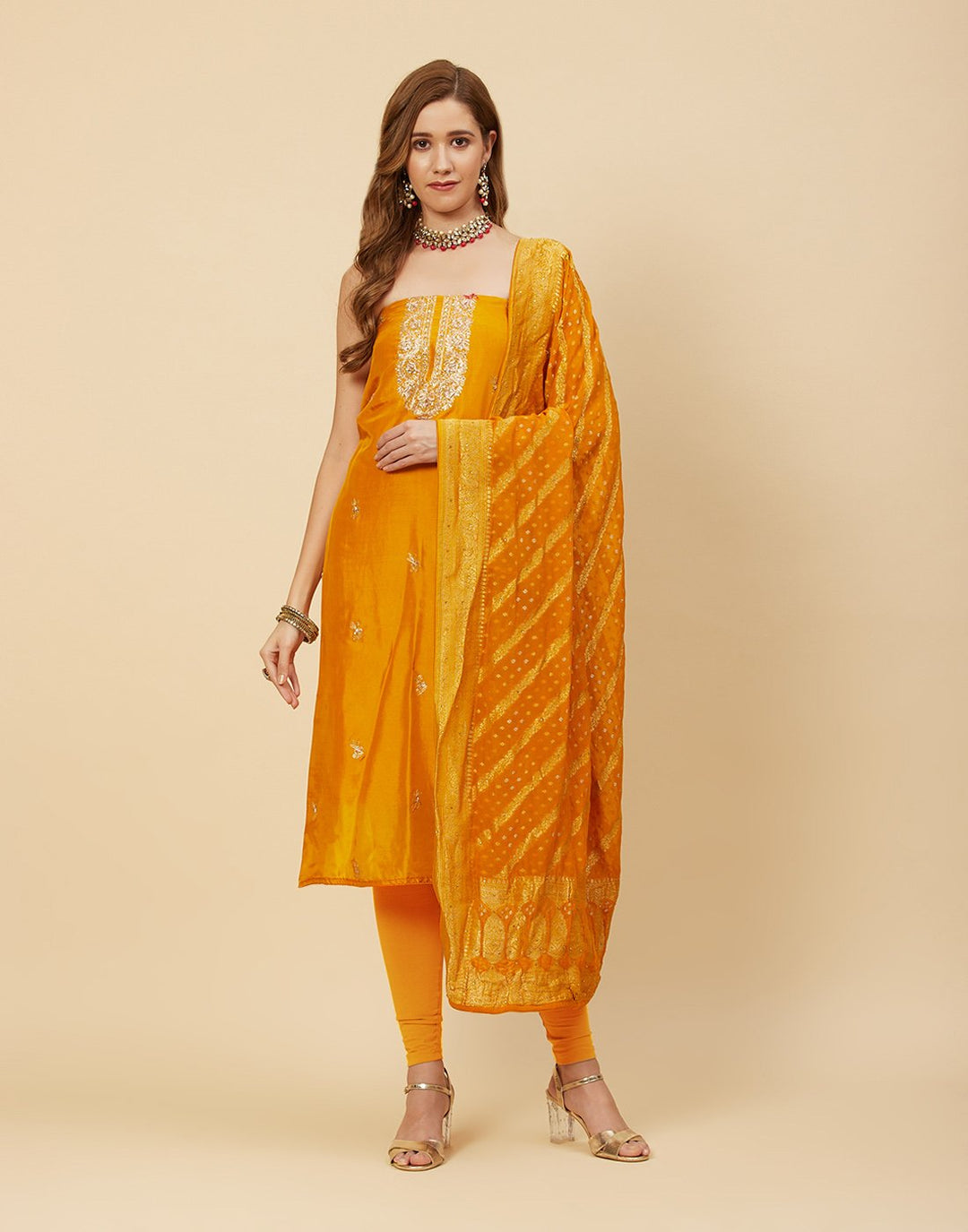 Embroidered Art Handloom Dupion Suit Piece With Bandhini Dupatta
