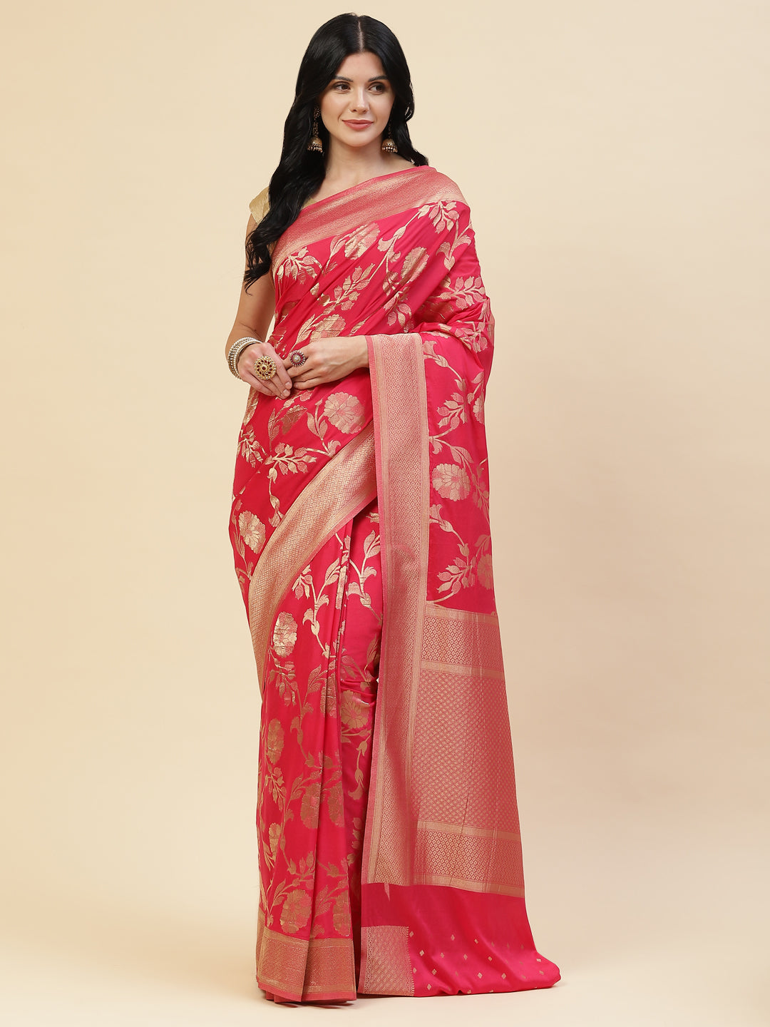 Floral Zari Jaal Crepe Plain Saree