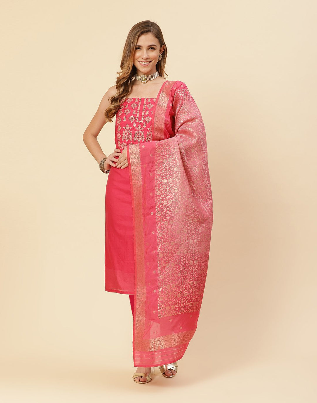 Embroidered AChanderi Suit Piece With Chanderi Banarasi Dupatta