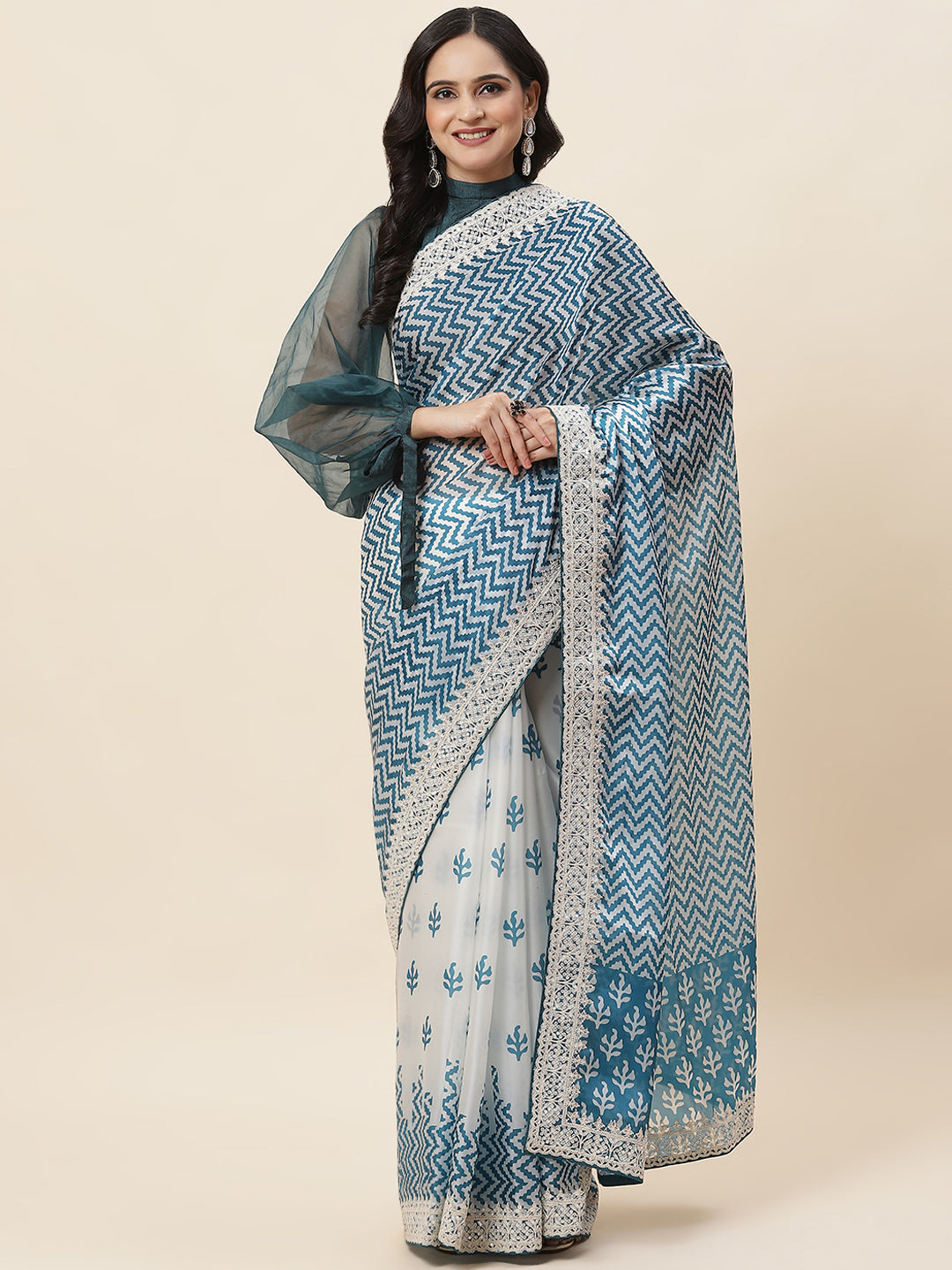 Block Printed Satin Saree - Meena bazaar