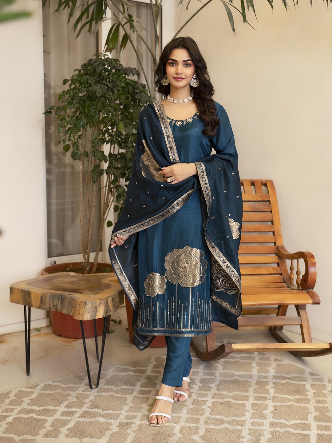 Woven Design Silk Kurta With Pant &amp; Dupatta