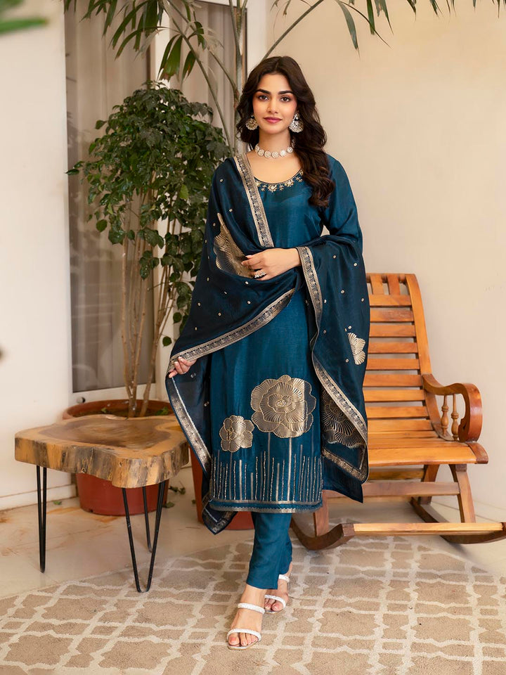 Woven Design Silk Kurta With Pant &amp; Dupatta