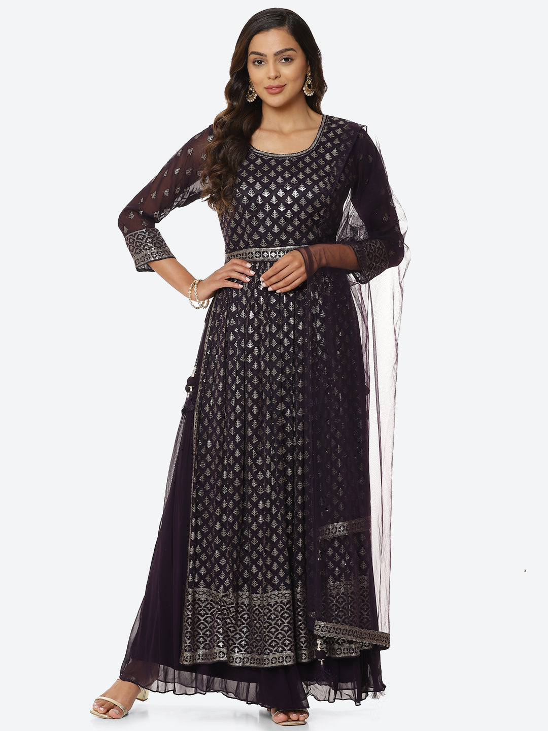 Resham Sequin Booti Georgette Kurta With Palazzo &amp; Dupatta