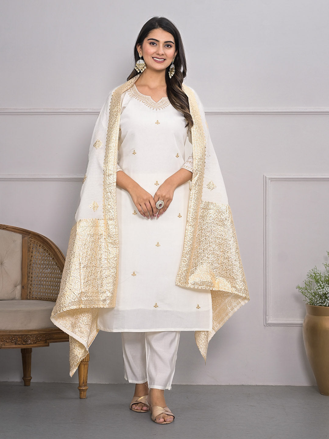 Neck Embroidery Cotton Blend Kurta With Pants &amp; Dupatta