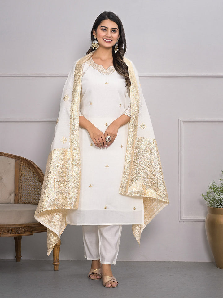 Neck Embroidery Cotton Blend Kurta With Pants &amp; Dupatta
