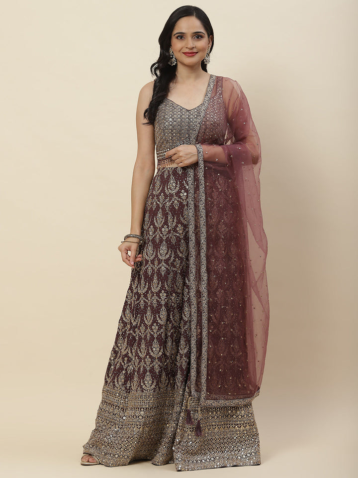 Sequin Zari Embroidered Georgette Crop Top With Palazzo &amp; Dupatta