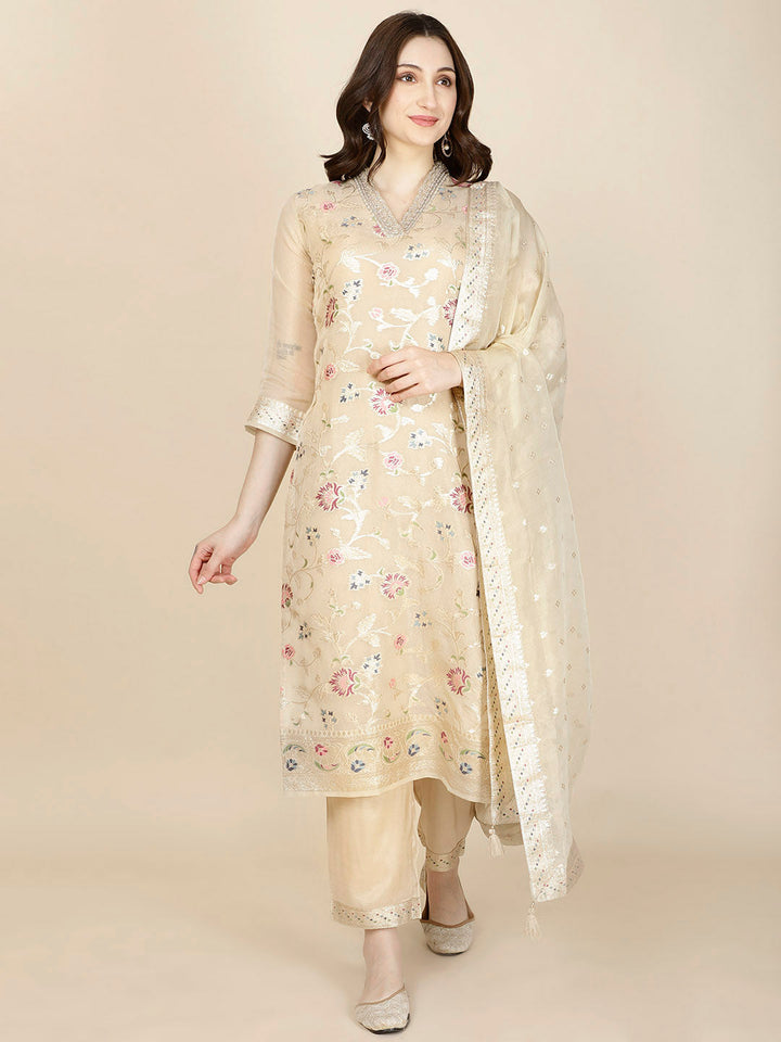 Floral Woven Tissue Kurta With Pants &amp; Dupatta