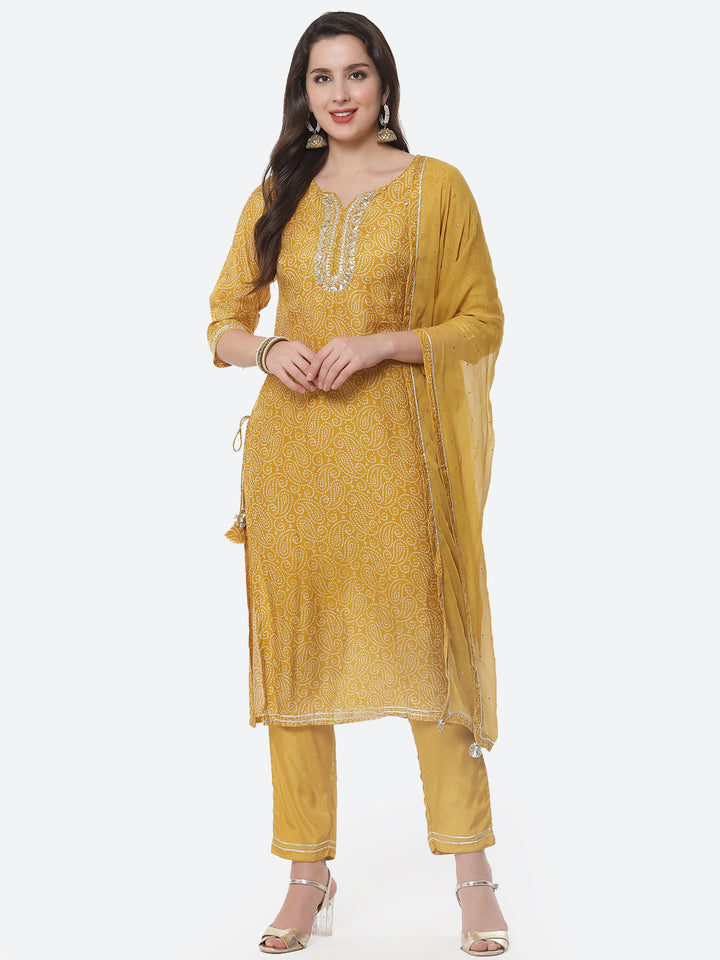 Bandhani Printed Cotton Muslin Stitched Salwar Kameez With Chiffon Dupatta