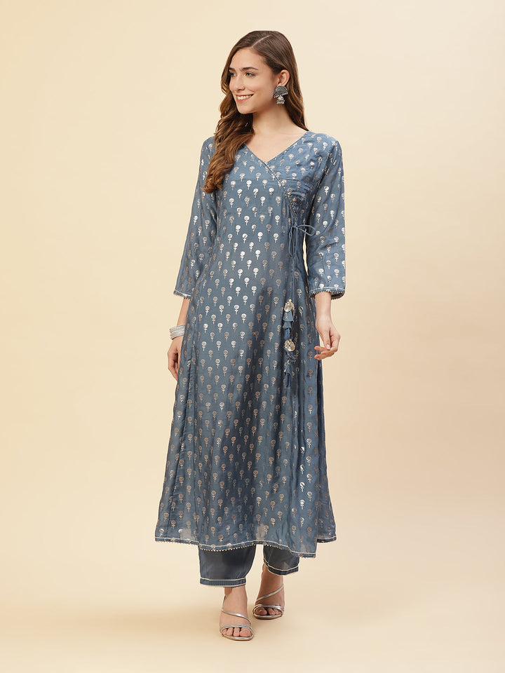 Cotton Muslin Zari Work Angrakha Kurti With Pant