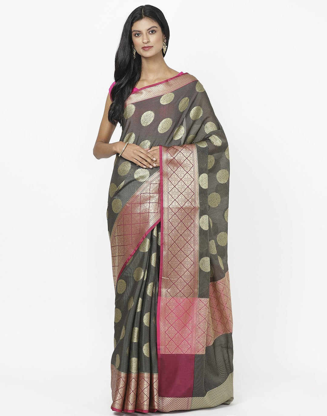 MBZ Meena Bazaar-Black Cotton Woven Saree