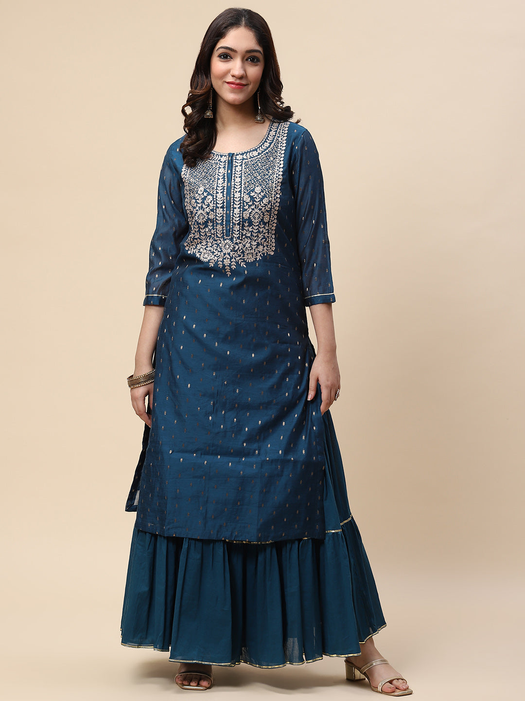 Neck Embroidered Woven Chanderi Kurta With Skirt