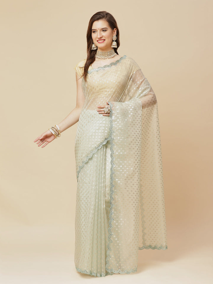 Mirror Gota Border Embroidered Organza Saree