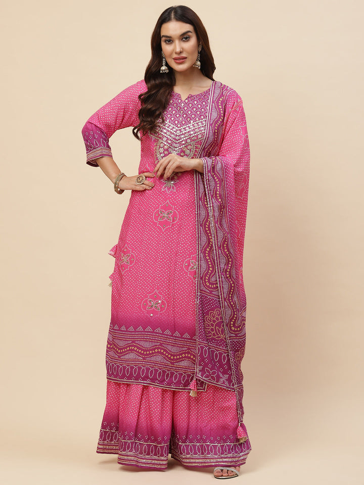 Bandhani Printed Muslin Kurta With Sharara With Dupatta
