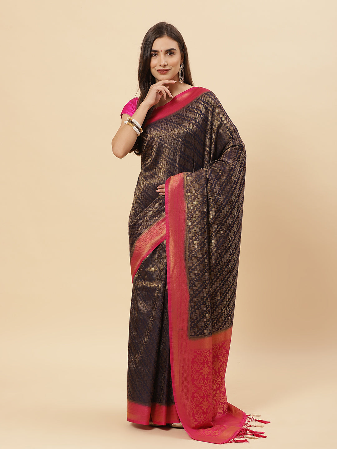 Brocade Zari Jaal Art Handloom Saree with contrast Blouse