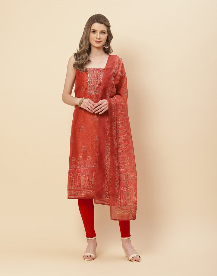 Patch Neck Work Printed Chanderi Suit Piece With Chanderi Printed Dupatta