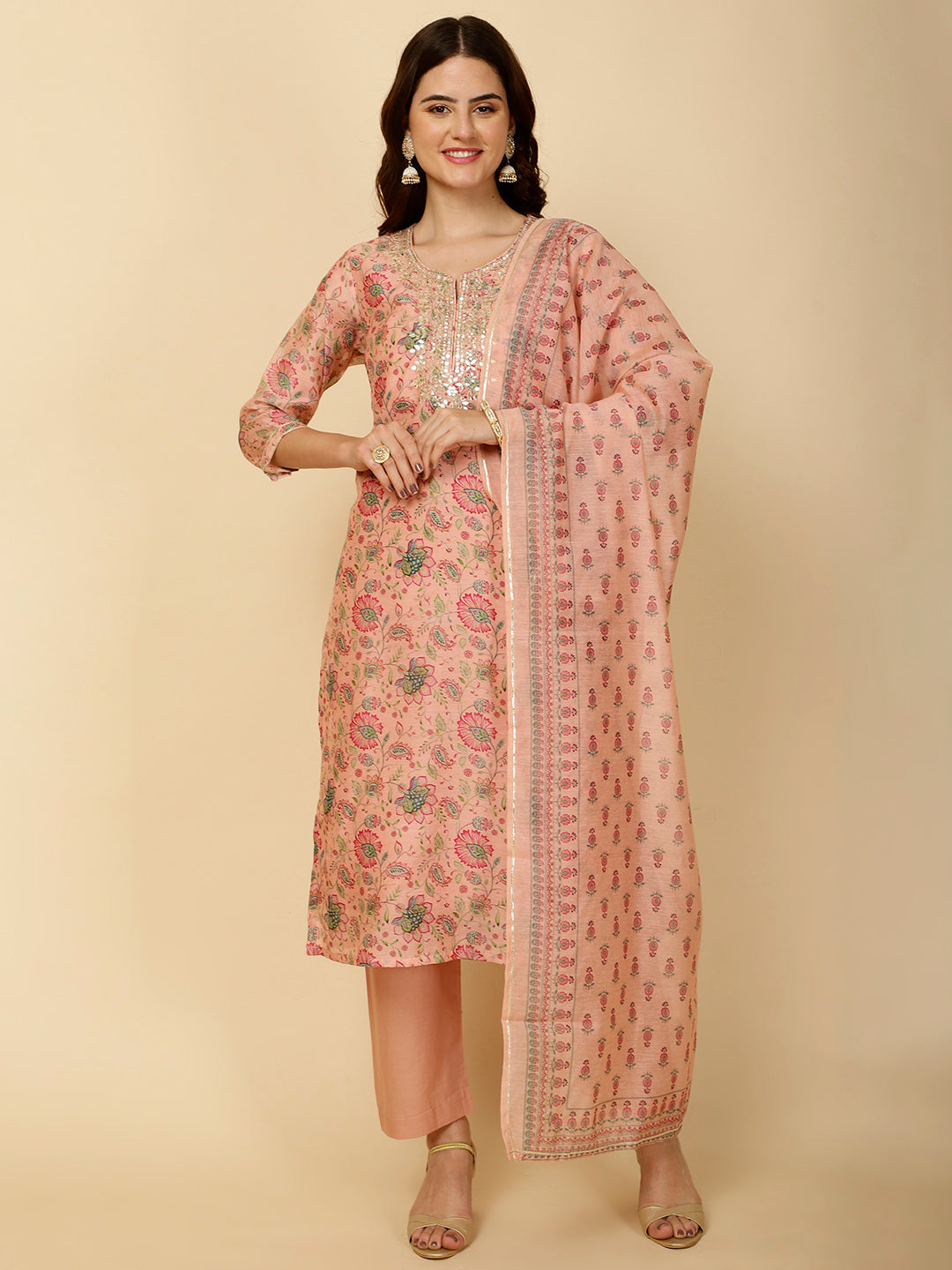 Floral Printed Chanderi Kurta With Pants &amp; Dupatta