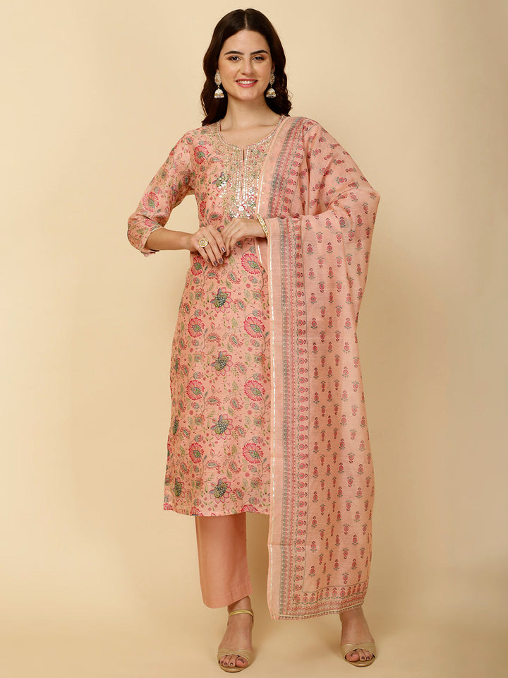 Floral Printed Chanderi Kurta With Pants &amp; Dupatta