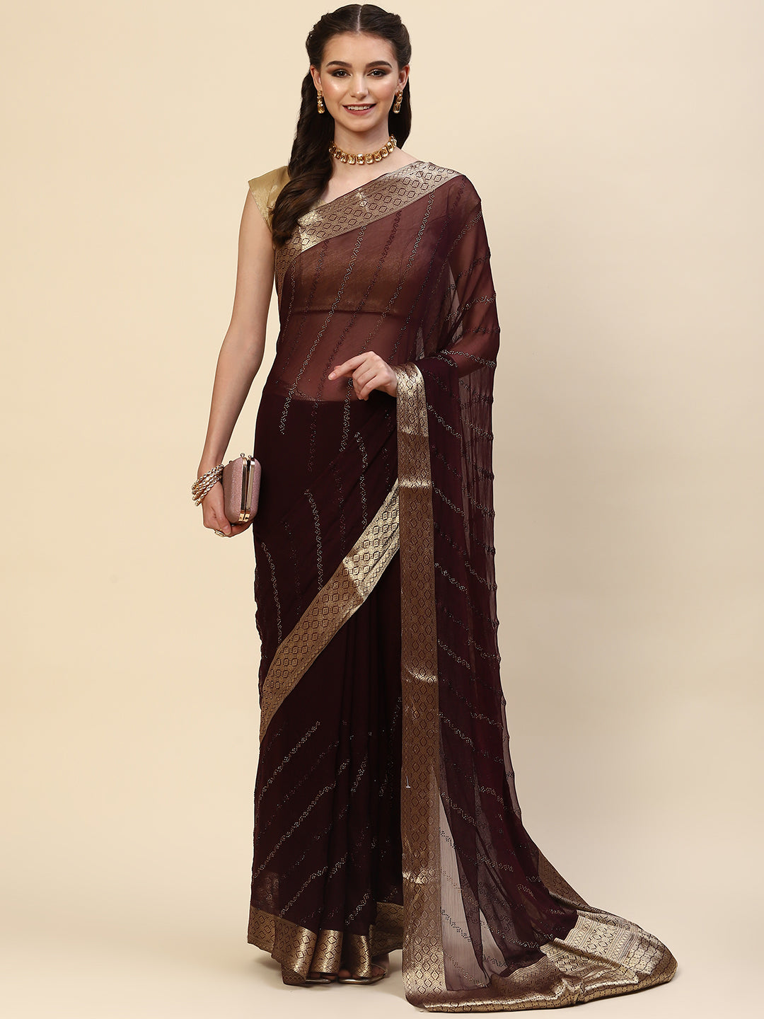 Stone Work Chiffon Plain Saree