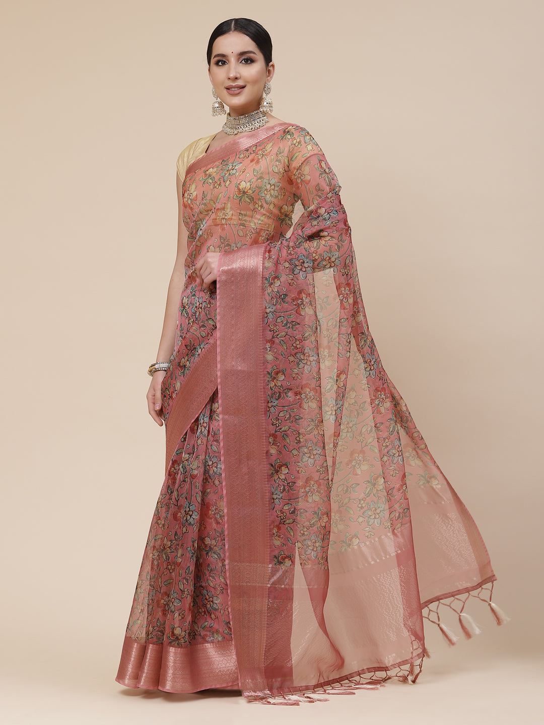 Floral Digital Printed Zari Border Organza Saree